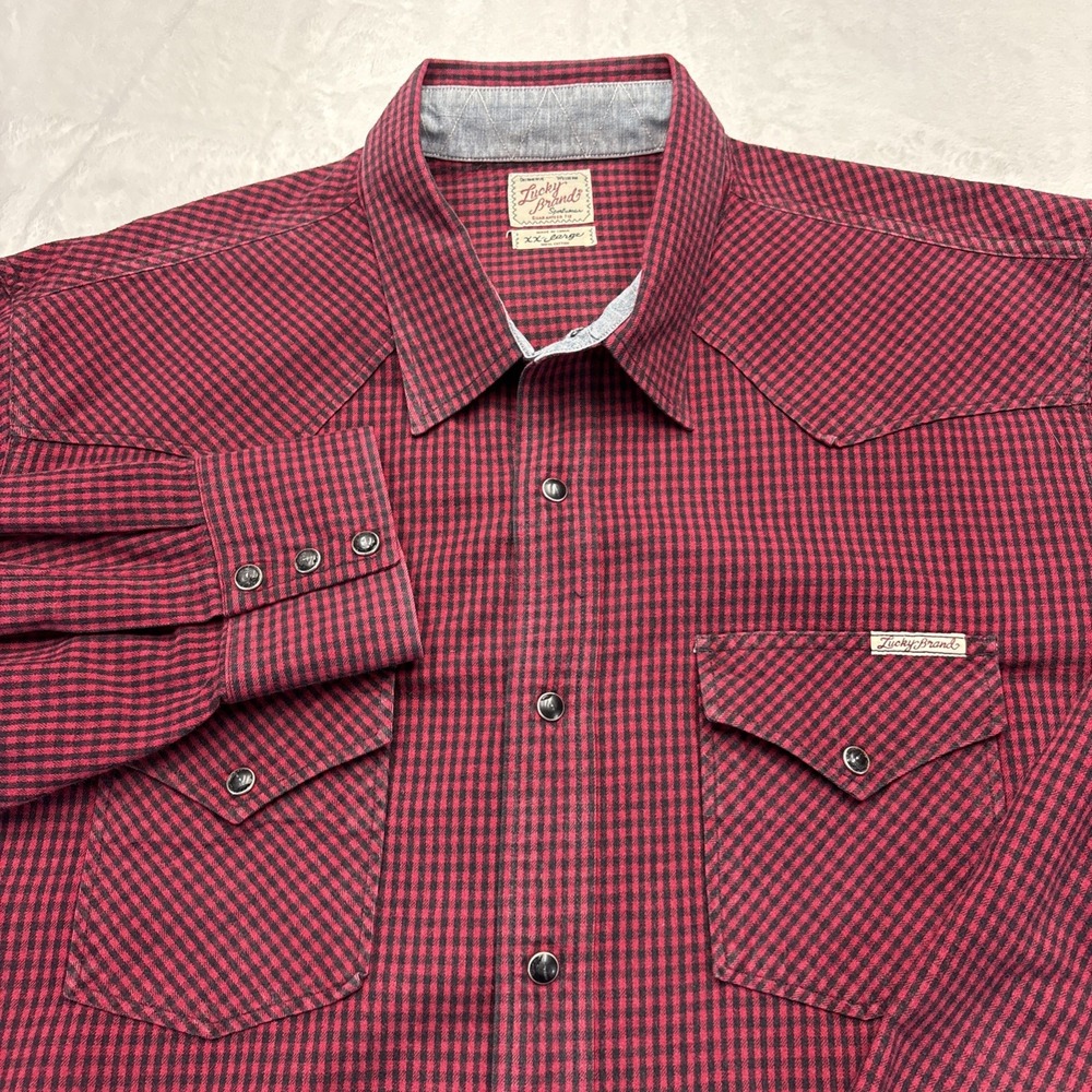 Y2K Lucky Brand Dungarees Western Pearl Snap Shirt XXL Red Buffalo Plaid